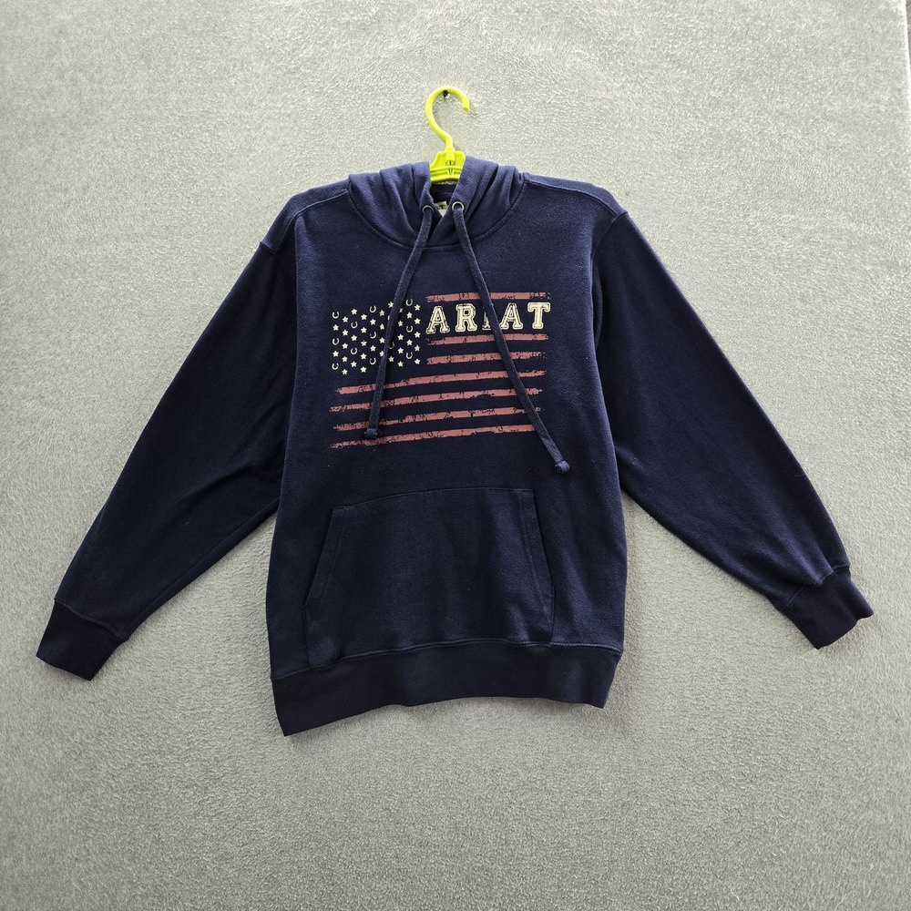 Ariat Women Hoodie M Blue Fleece REAL Flying Flag Drawstring Logo Pullover